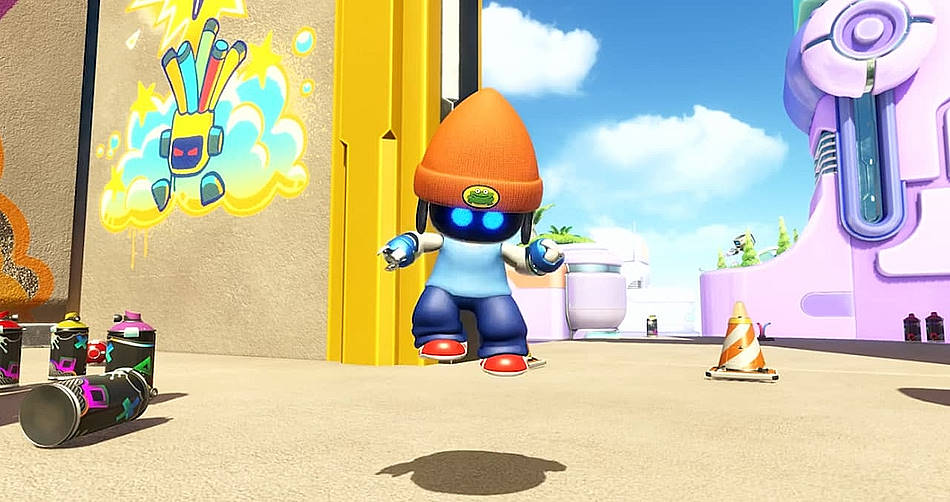Astro Bot verkleed als de iconische Parappa, van PaRappa the Rapper van de pre-order bonus
