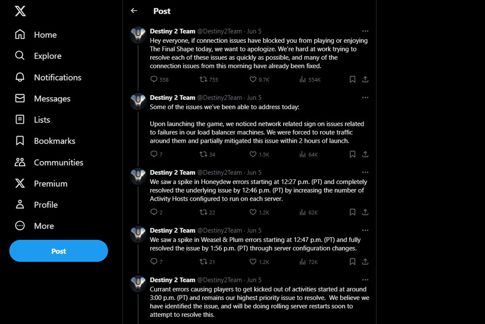 Officiële Tweet van het Destiny 2-team over de lanceringfixes van The Final Shape