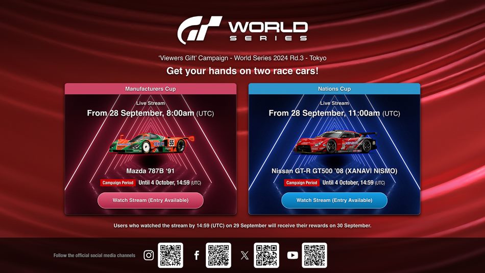 De gratis auto's van de Cadeaus voor de kijkers op de Gran Turismo 7 Tokyo World Series