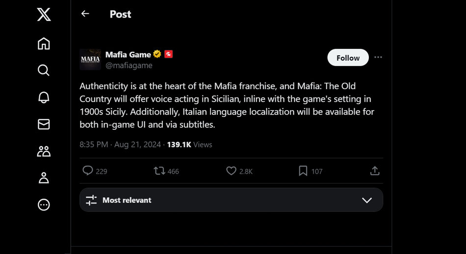 2K bevestigt op Twitter de Siciliaanse nasynchronisatie voor Mafia The Old Country