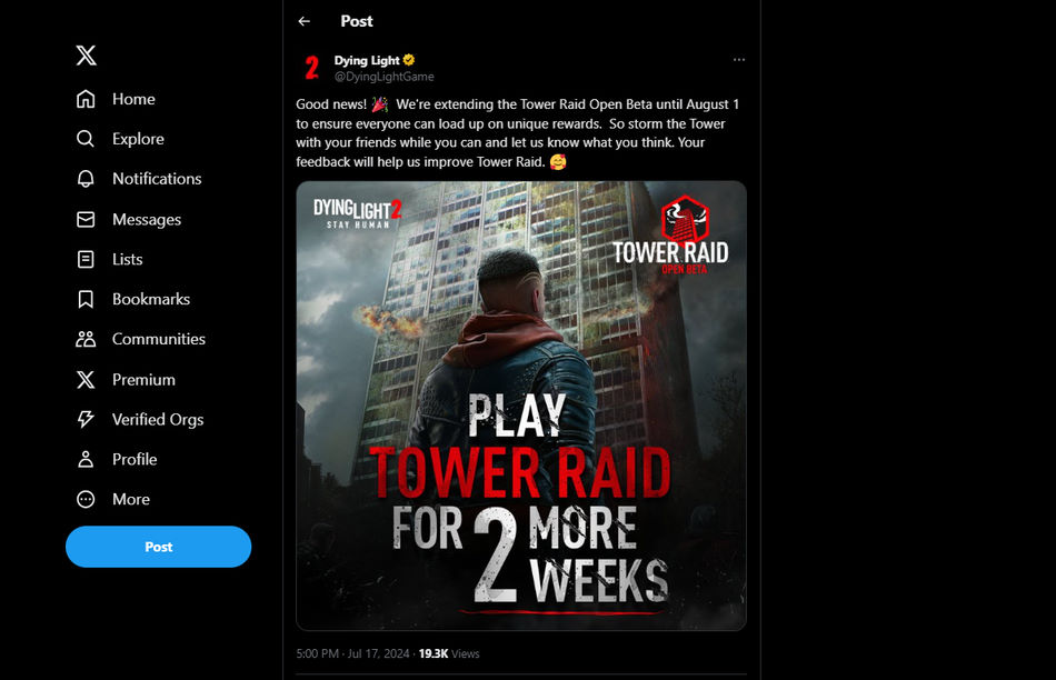 Techland kondigt de verlenging van Tower Raid op Dying Light 2 aan, twitter(X)