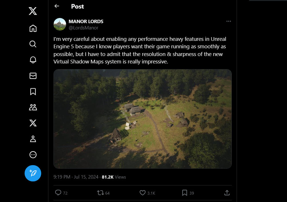 Manor Lords twitter praat over Unreal Engine 5