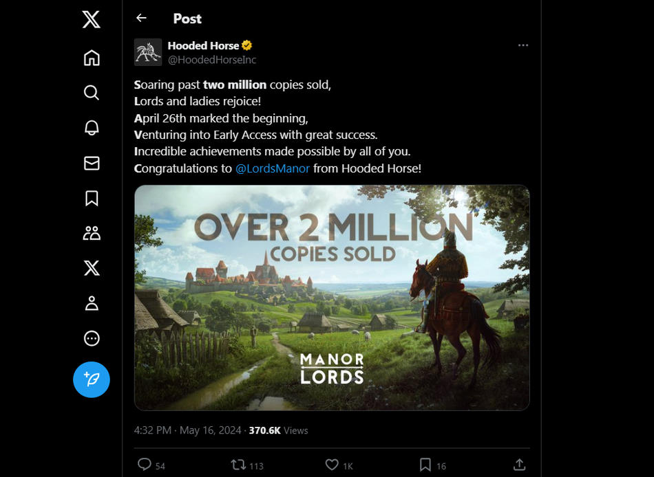 Hooded Horse kondigt op Twitter aan dat Manor Lords de 2 miljoen verkochte exemplaren heeft overschreden